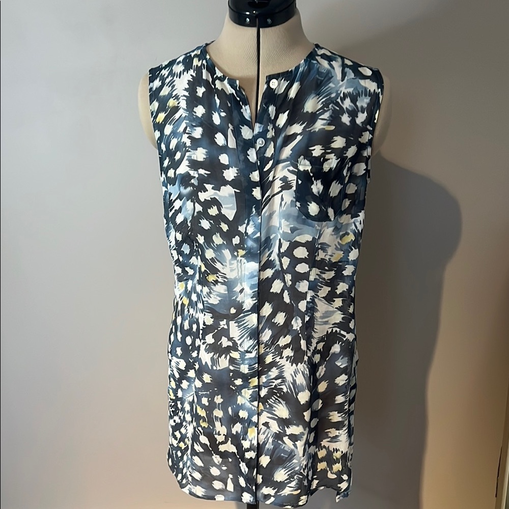 CAbi Blue and Black Mandarin Collar Blouse